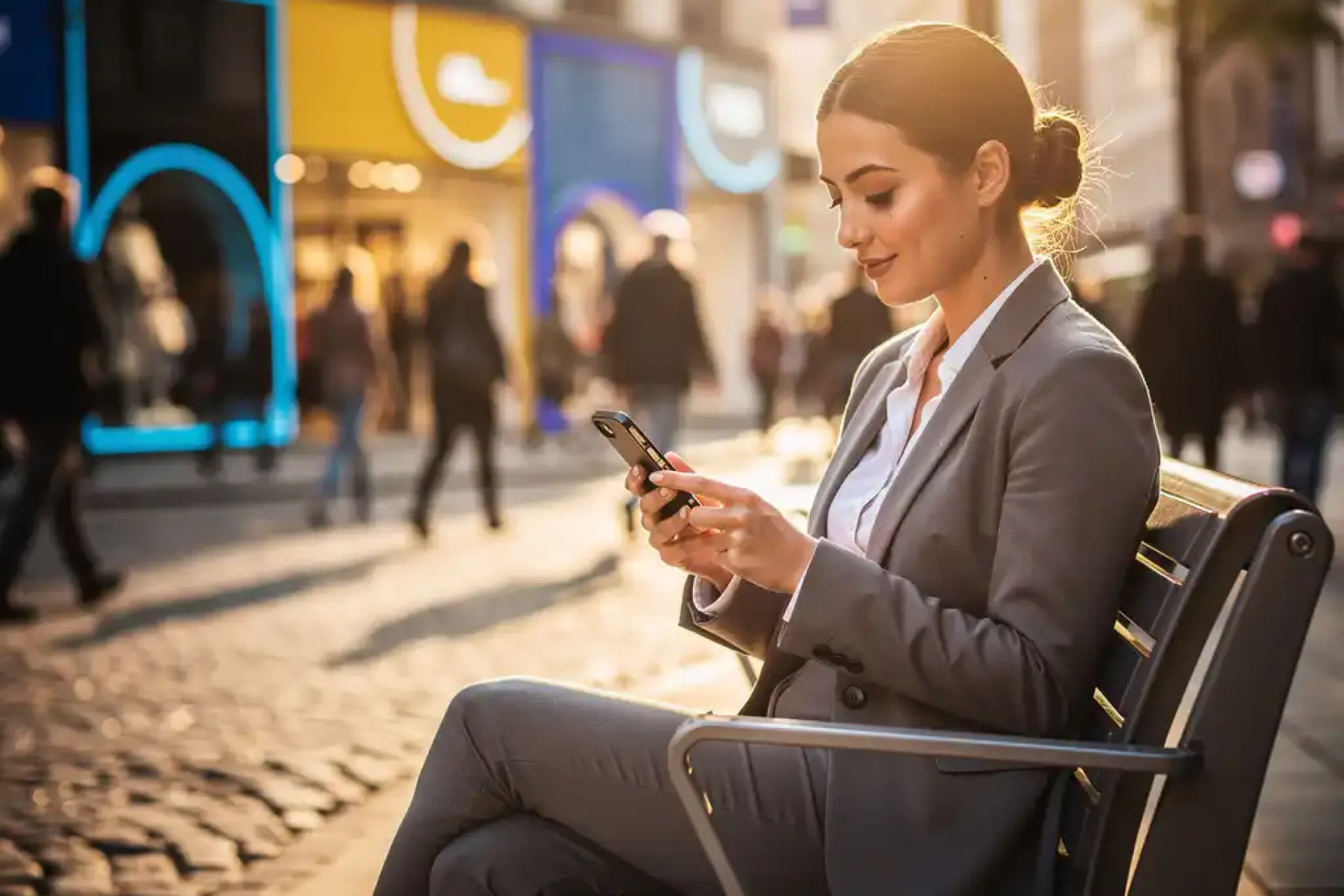 Jonge professionele vrouw gebruikt rekenmachine-app op smartphone zittend op moderne stadsbank met voorbijgangers en kleurrijke winkels op achtergrond