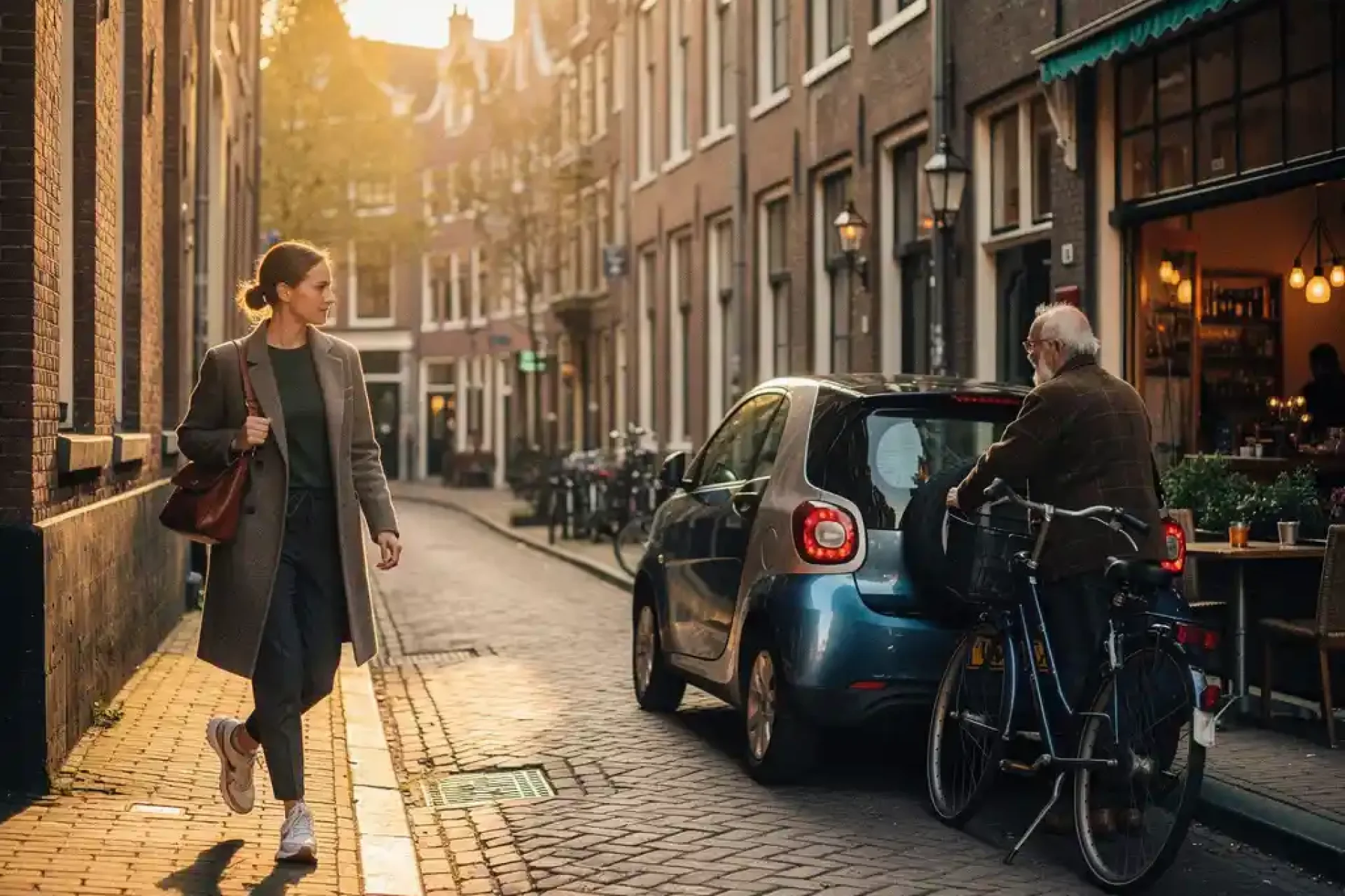 Jonge vrouw loopt zelfverzekerd door smalle Amsterdamse steeg met historische bakstenen gebouwen tijdens gouden uur
