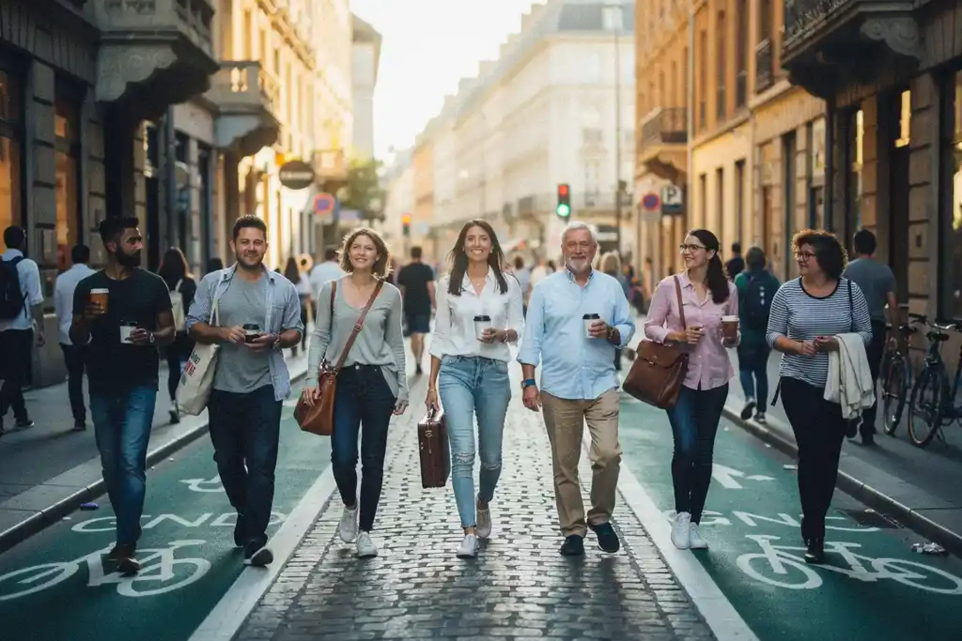 Acht diverse mensen lopen zelfverzekerd door een drukke Europese straat met kasseien tijdens het gouden uur