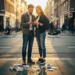 Jong stel controleert energiekosten op smartphone op Amsterdamse straathoek met euro munten en biljetten aan hun voeten