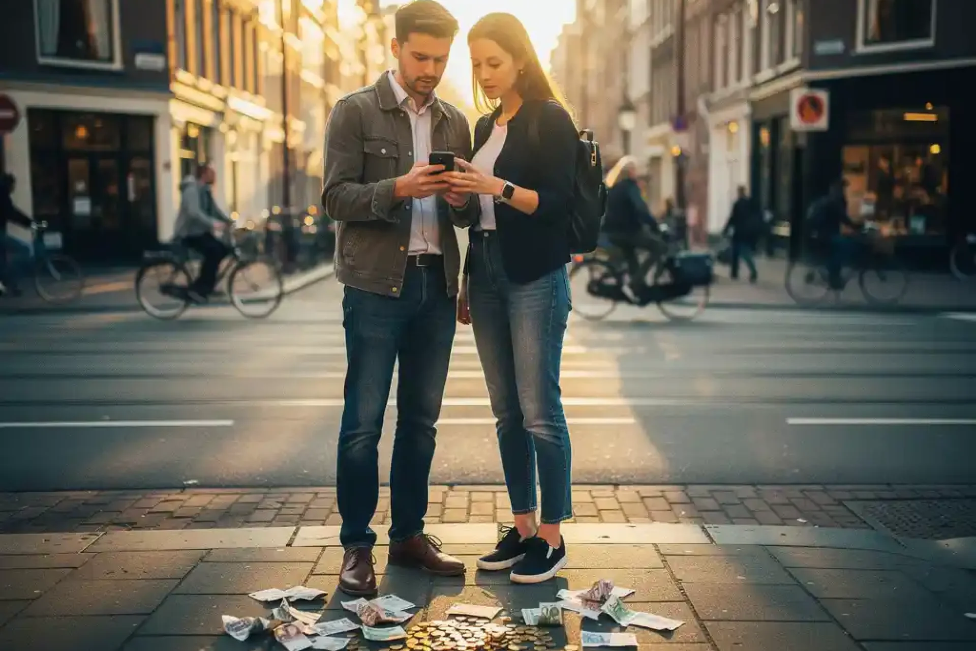 Jong stel controleert energiekosten op smartphone op Amsterdamse straathoek met euro munten en biljetten aan hun voeten