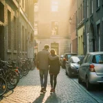Twee mensen lopen samen door smalle kinderkopjesstraat in historisch Europees stadscentrum tijdens gouden uur