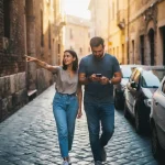 Twee mensen lopen samen door smalle kasseienstraat in historisch Europees stadscentrum tijdens gouden uur