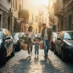 Familie van drie loopt door smalle Europese kasseienstraat met boodschappen, kind huppelt vooruit in gouden avondlicht