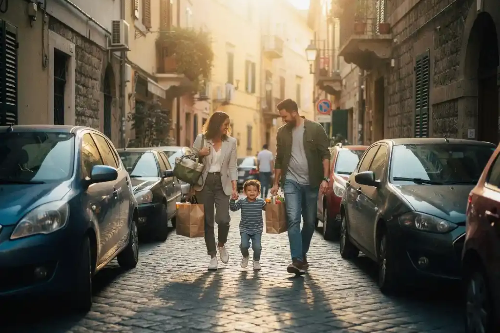 Familie van drie loopt door smalle Europese kasseienstraat met boodschappen, kind huppelt vooruit in gouden avondlicht