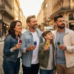 Familie van vier personen met gekleurde sleutelhangers op druk Europees kruispunt met kinderkopjes en smalle gebouwen