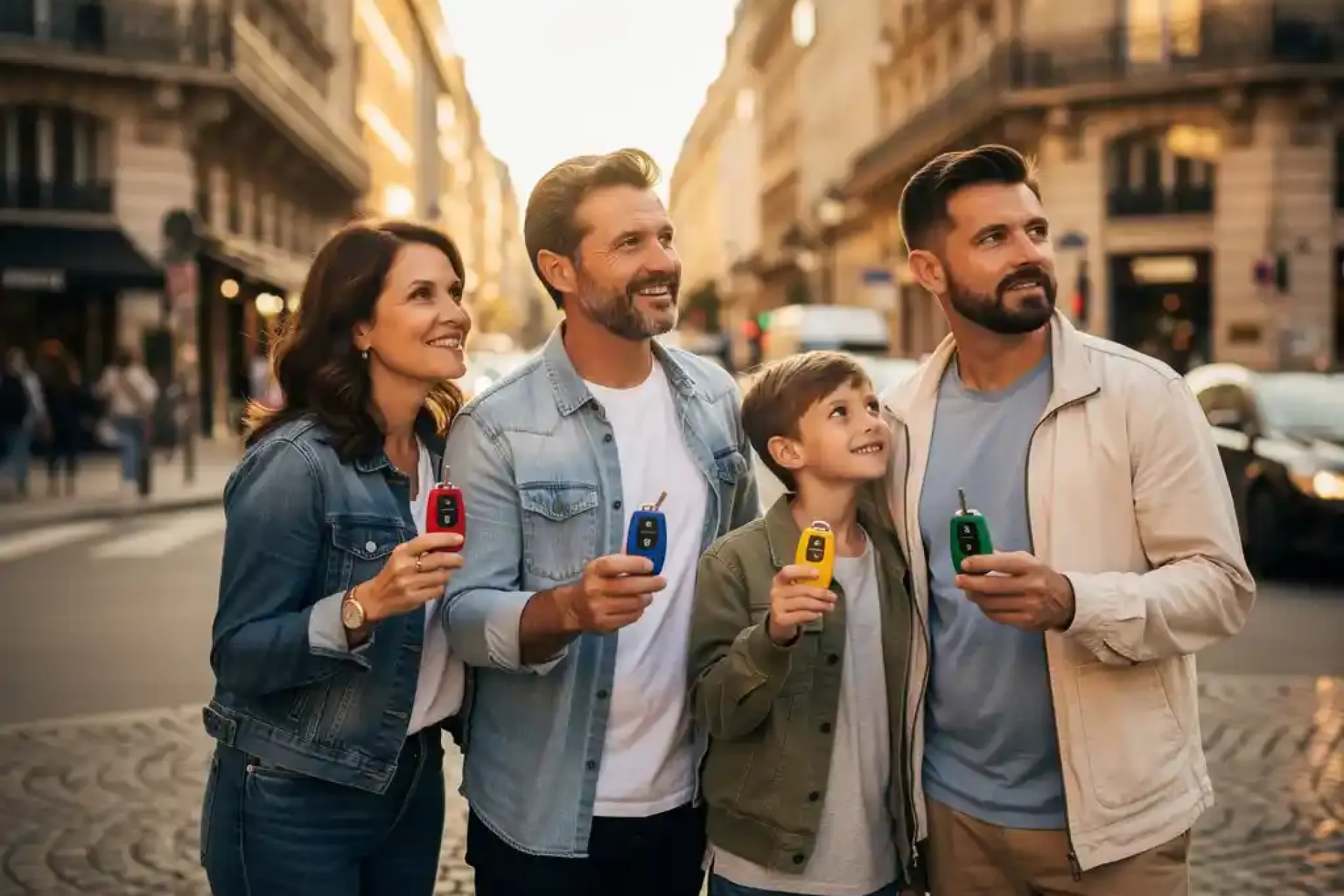 Familie van vier personen met gekleurde sleutelhangers op druk Europees kruispunt met kinderkopjes en smalle gebouwen