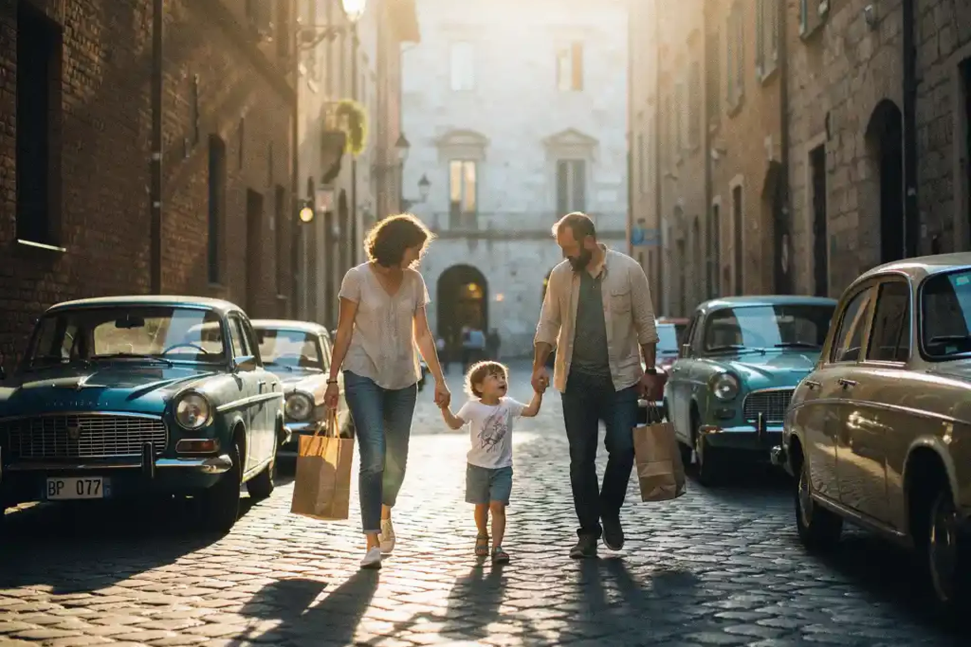 Familie van drie loopt door smalle geplaveide straat in historisch Europees stadscentrum tijdens gouden uur