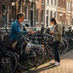 Twee mensen bij overvolle fietsenstalling in Nederlandse straat, één met helm wijzend naar fietsenrekken, ander kijkt bezorgd op telefoon