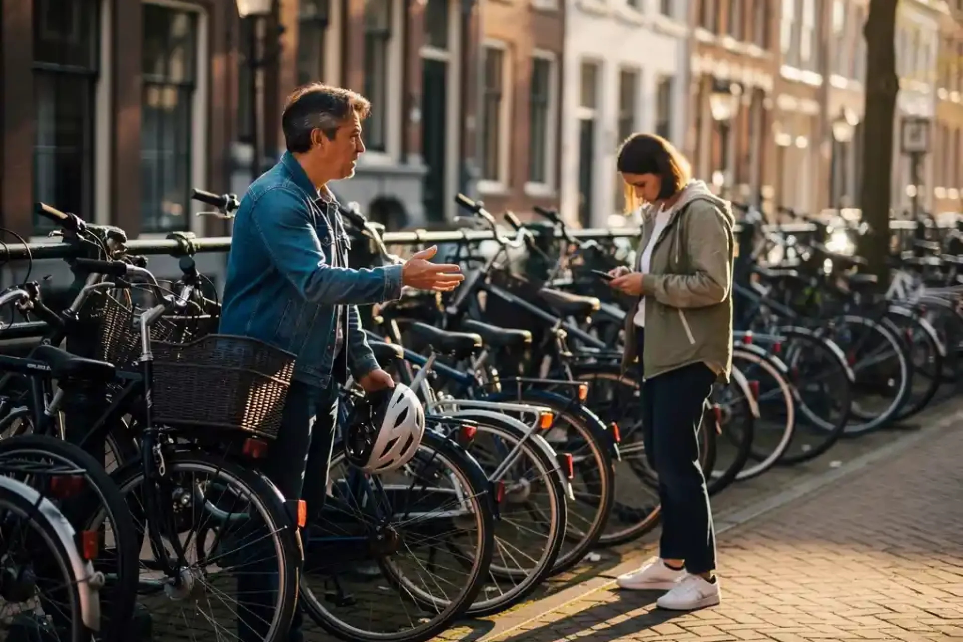 Twee mensen bij overvolle fietsenstalling in Nederlandse straat, één met helm wijzend naar fietsenrekken, ander kijkt bezorgd op telefoon