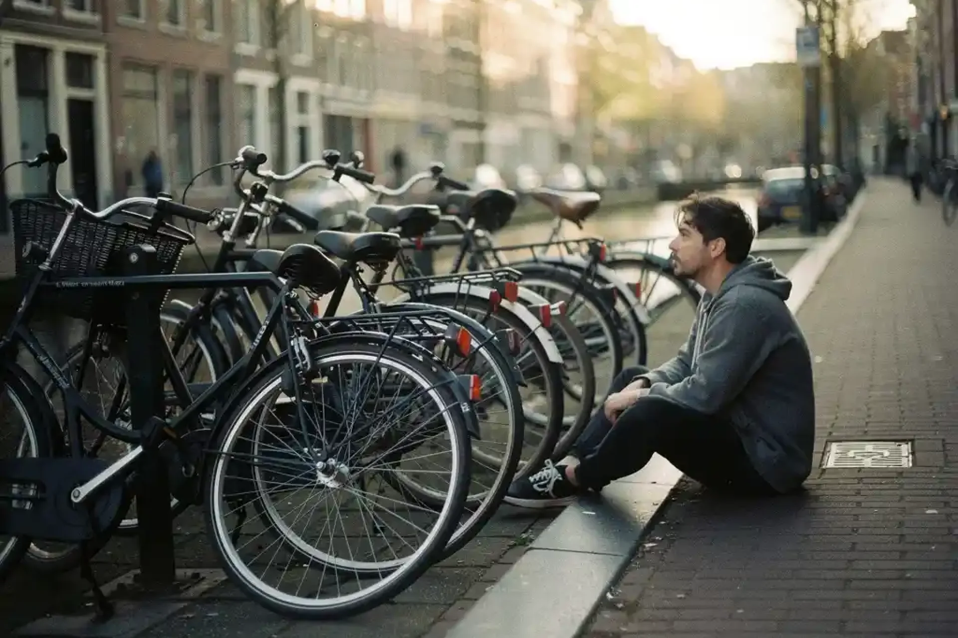 Persoon zit contemplatief op smalle stoep naast fietsenstalling in Nederlandse straat met bakstenen gebouwen