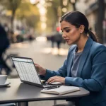 Jonge professionele vrouw bestudeert financiële spreadsheet aan cafétafel op drukke Europese stadsstraat met voetgangers