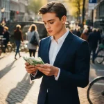 Jonge professional in pak telt eurobiljetten op drukke Amsterdamse straathoek met voetgangers en fietsers op kasseien
