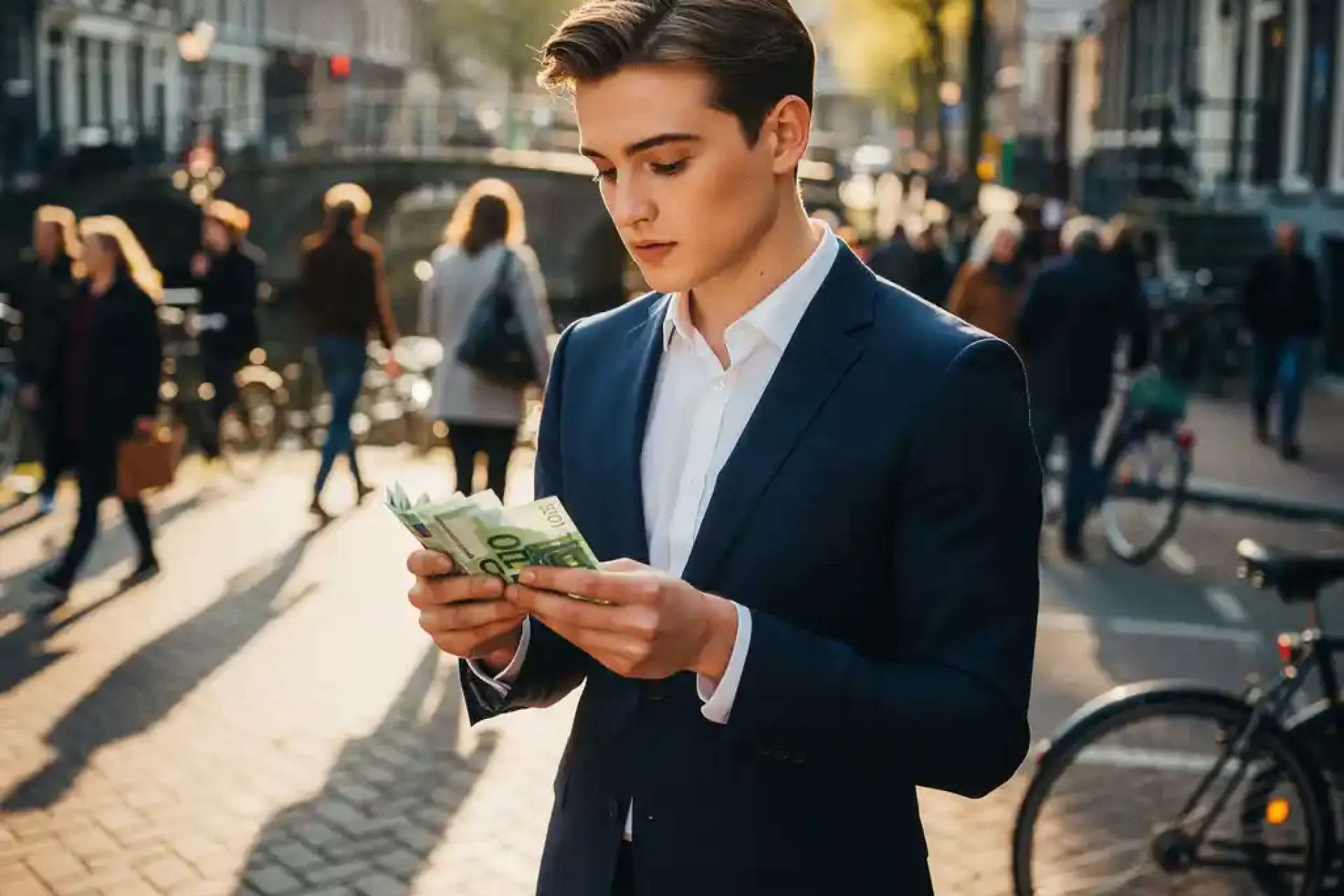 Jonge professional in pak telt eurobiljetten op drukke Amsterdamse straathoek met voetgangers en fietsers op kasseien