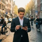 Jonge professional in pak telt eurobiljetten met smartphone calculator op drukke Amsterdamse straat tijdens gouden uur