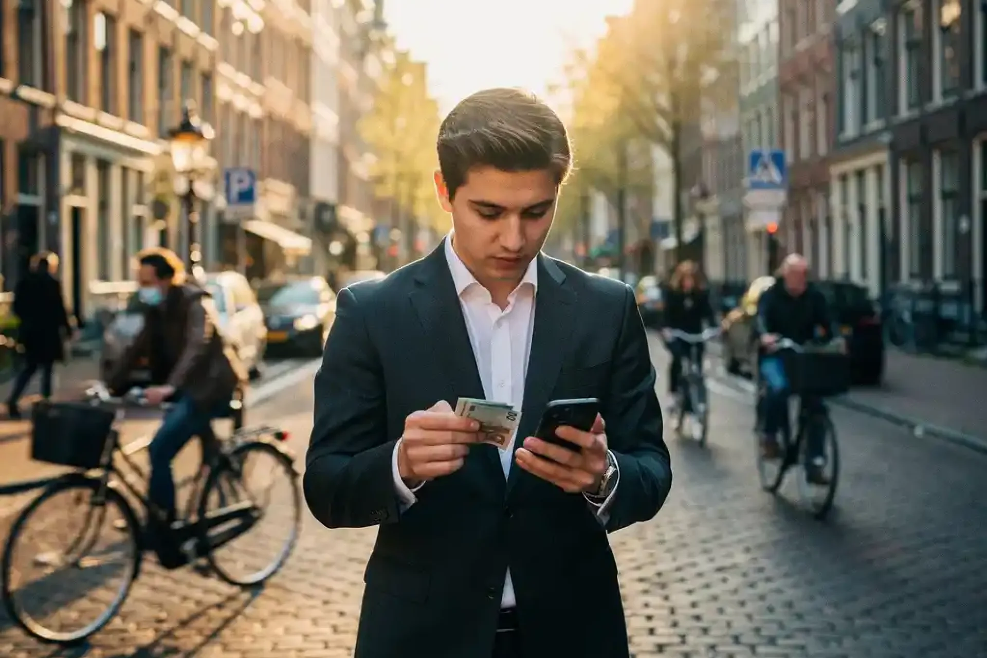 Jonge professional in pak telt eurobiljetten met smartphone calculator op drukke Amsterdamse straat tijdens gouden uur