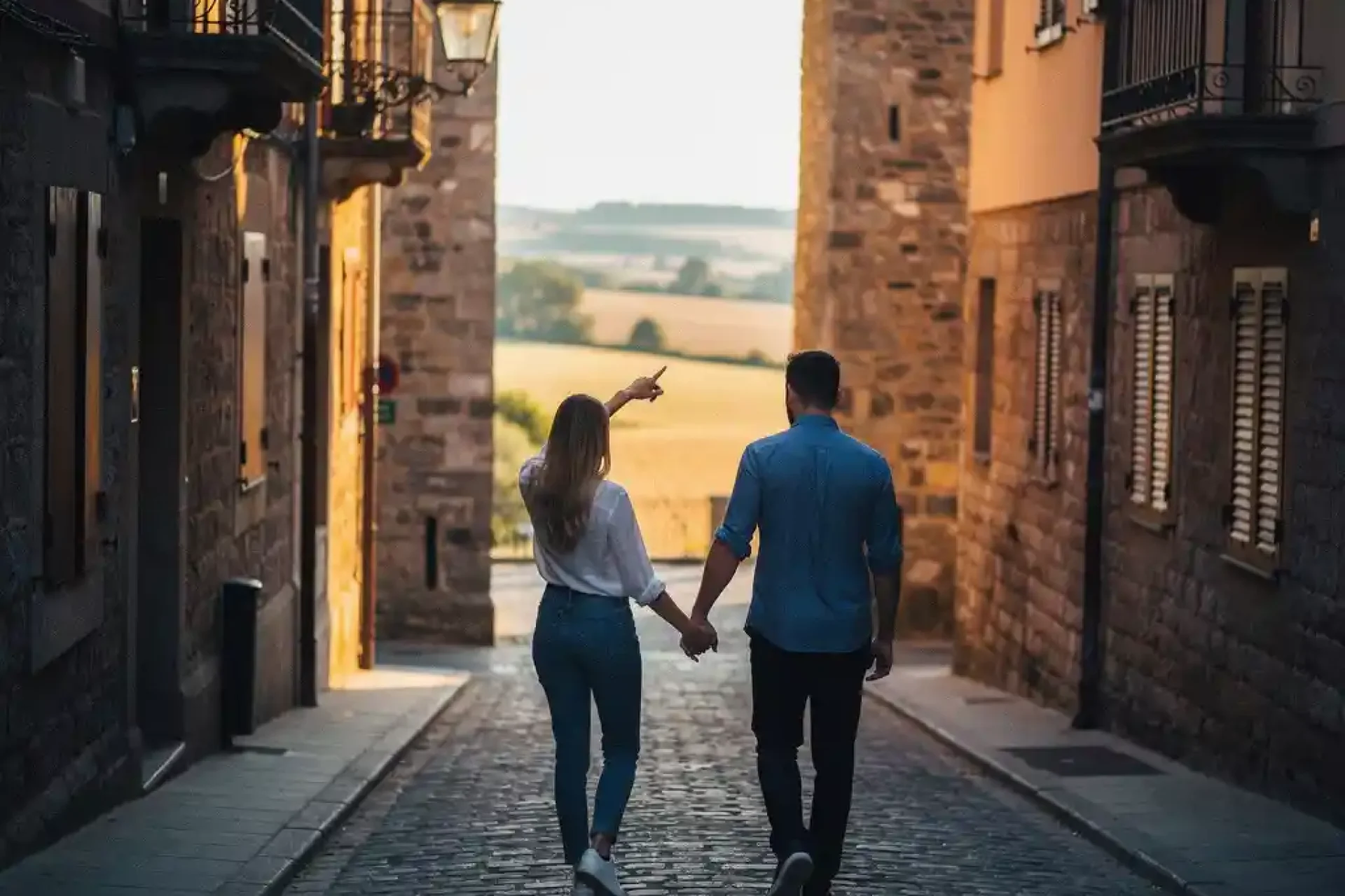 Jong professioneel koppel wandelt hand in hand door smalle kasseienstraat naar open landschap buiten historische Europese stadspoorten tijdens gouden uur.