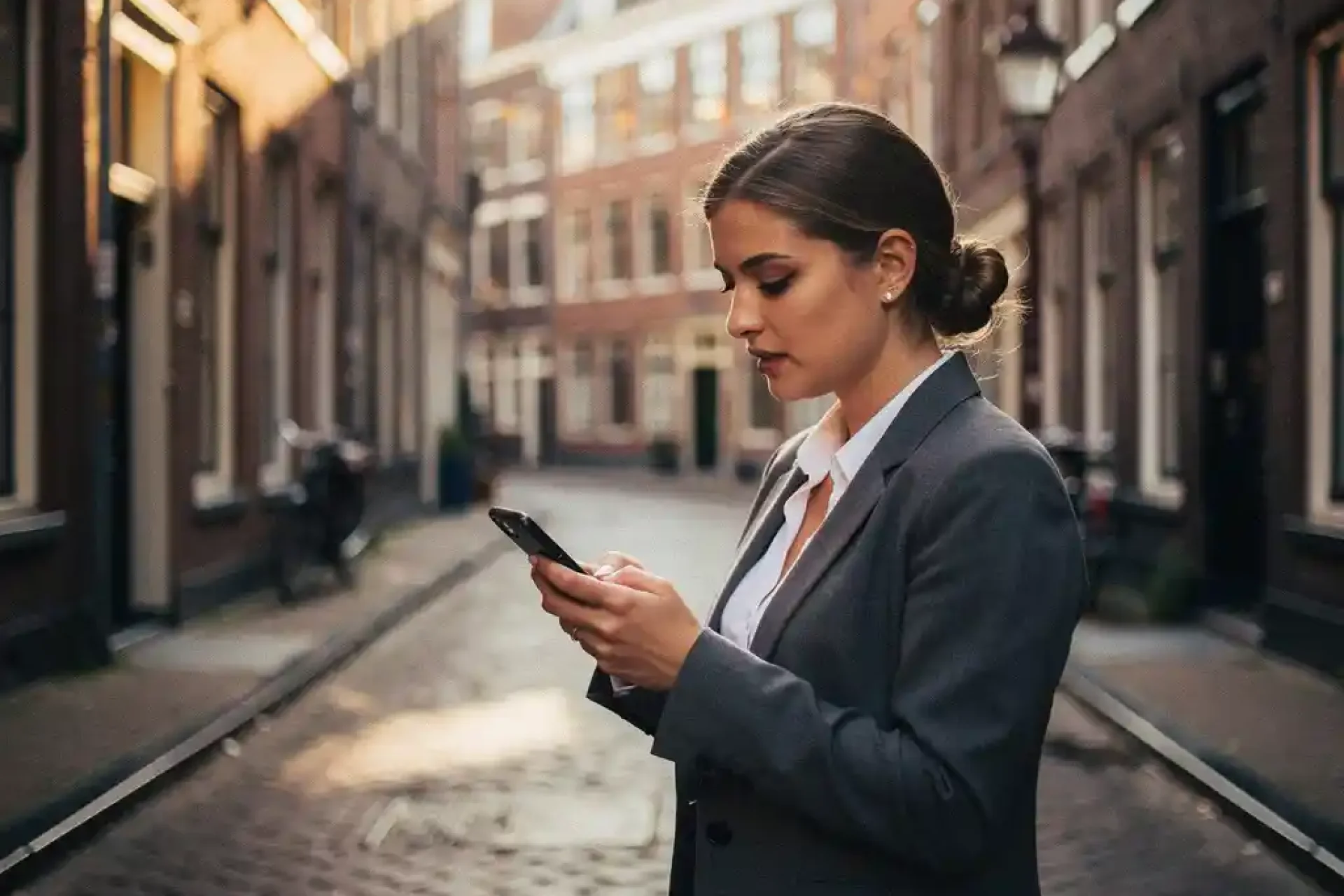 Jonge professionele vrouw gebruikt smartphone kostencalculator app op Amsterdamse geplaveide steeg kruising, warme middagzon door historische bakstenen gebouwen