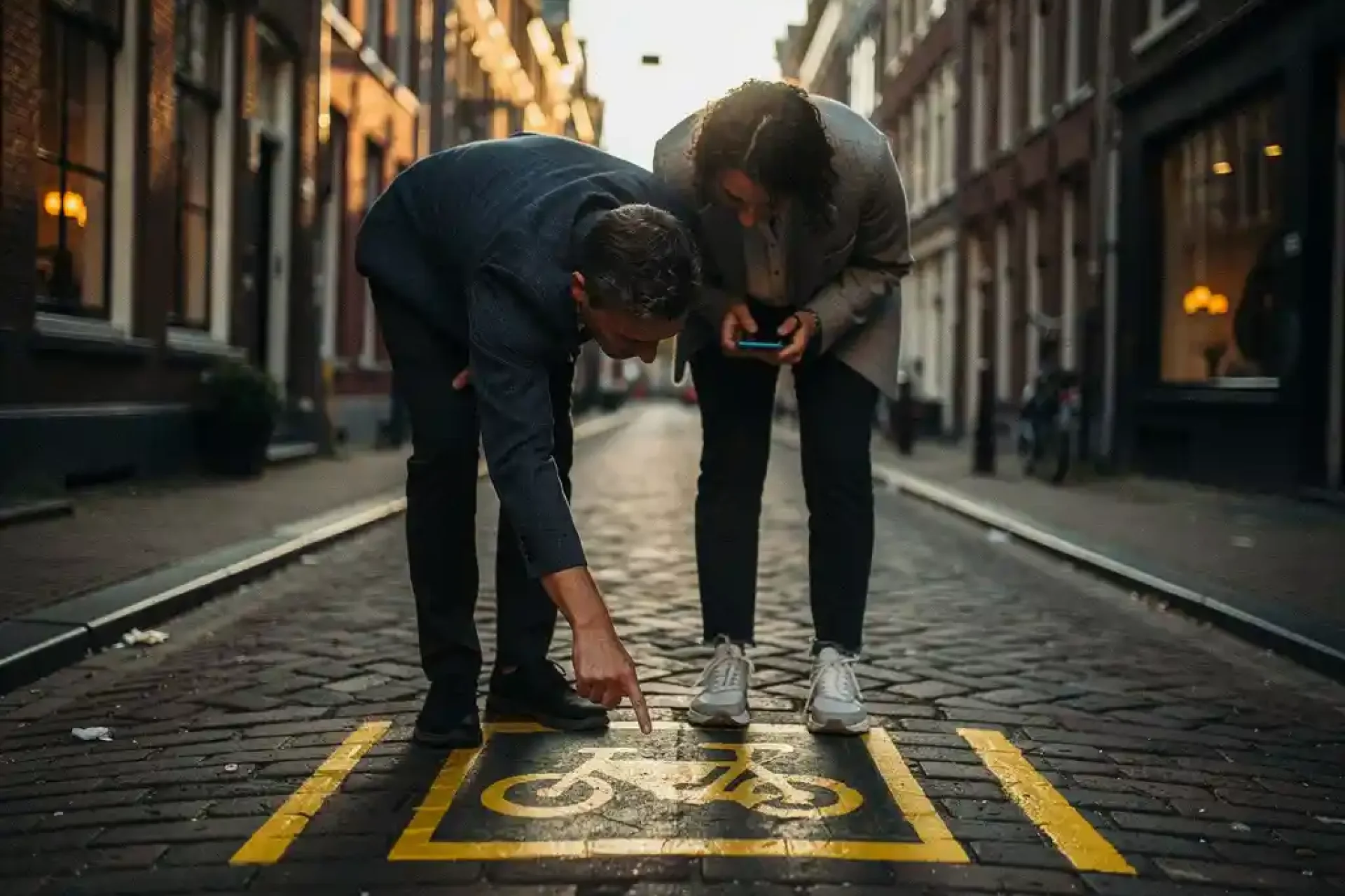Twee personen bekijken een kleine gele motorparkeerplaats op een smalle Amsterdamse kasseienstraat tijdens gouden uur