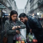 Gefrustreerd stel wacht met boodschappentassen bij bushalte in zware regen op smalle Europese straat