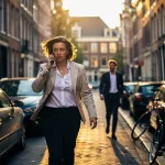 Jonge ouder loopt snel door smalle Amsterdamse straat terwijl hij belt, navigeert tussen geparkeerde auto's en fietsers