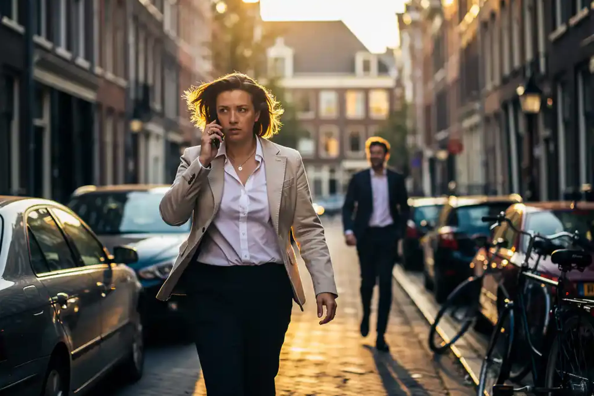Jonge ouder loopt snel door smalle Amsterdamse straat terwijl hij belt, navigeert tussen geparkeerde auto's en fietsers