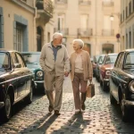Ouder echtpaar wandelt hand in hand door smalle Europese kasseienstraat tussen geparkeerde auto's, warme middagzon