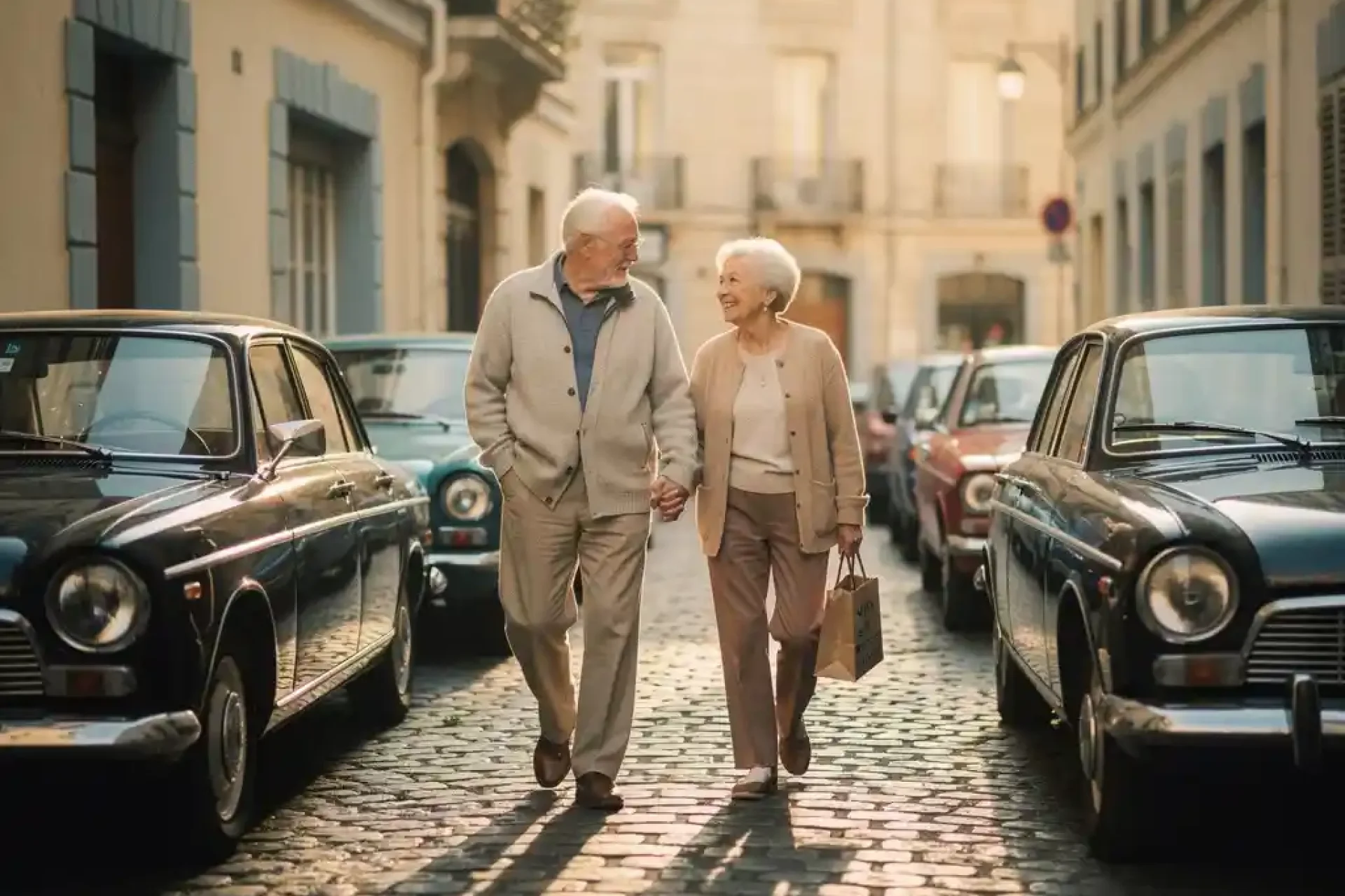 Ouder echtpaar wandelt hand in hand door smalle Europese kasseienstraat tussen geparkeerde auto's, warme middagzon