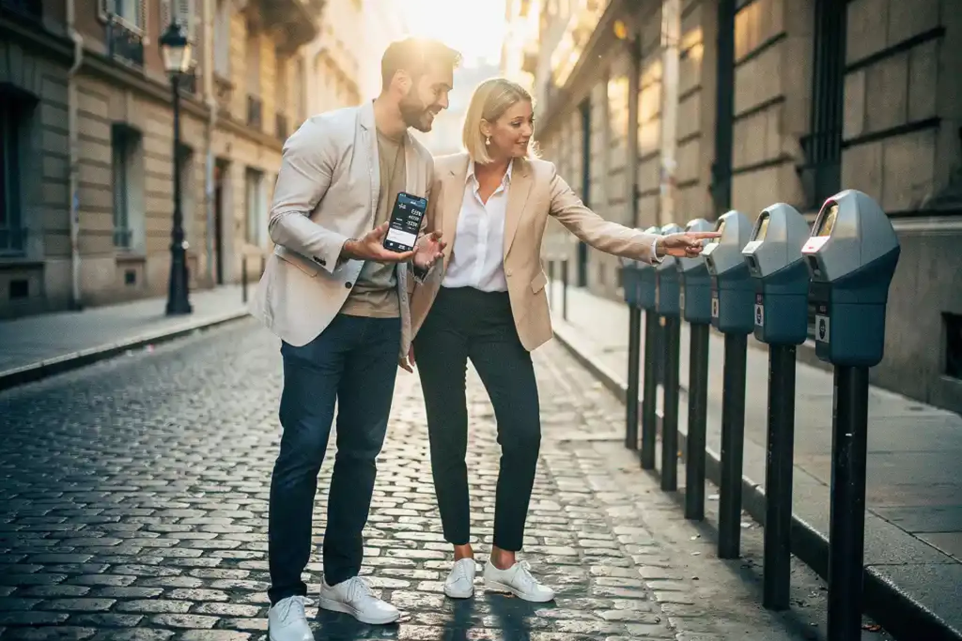 Twee jonge professionals bekijken parkeerkosten op smartphone bij parkeermeter in Europese binnenstad