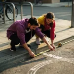 Twee personen meten met meetlint een smalle parkeerplaats in de stad, omringd door fietsrekken en stoeptegels