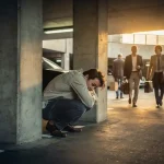 Gefrustreerde persoon hurkt tussen betonnen pilaren in krappe ondergrondse parkeergarage terwijl voetgangers voorbijlopen