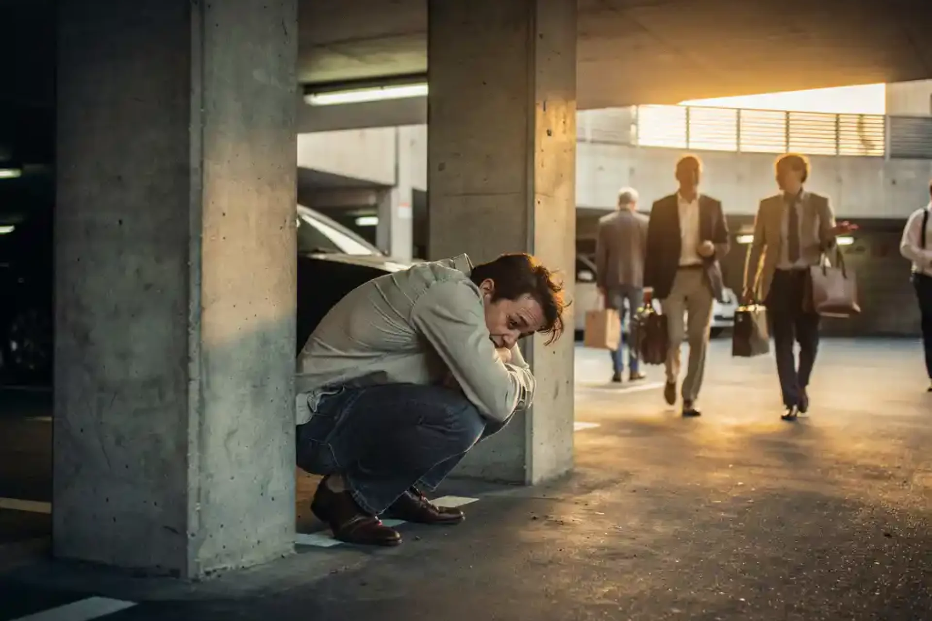 Gefrustreerde persoon hurkt tussen betonnen pilaren in krappe ondergrondse parkeergarage terwijl voetgangers voorbijlopen