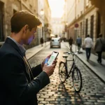 Jonge professional met smartphone en kaart-app zoekt parkeerplaats tussen fietsen op smalle kasseienstraat in historisch stadscentrum