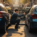 Jonge professional perst zich door smalle ruimte tussen geparkeerde auto's op Amsterdamse straat met kanalenhuizen op achtergrond
