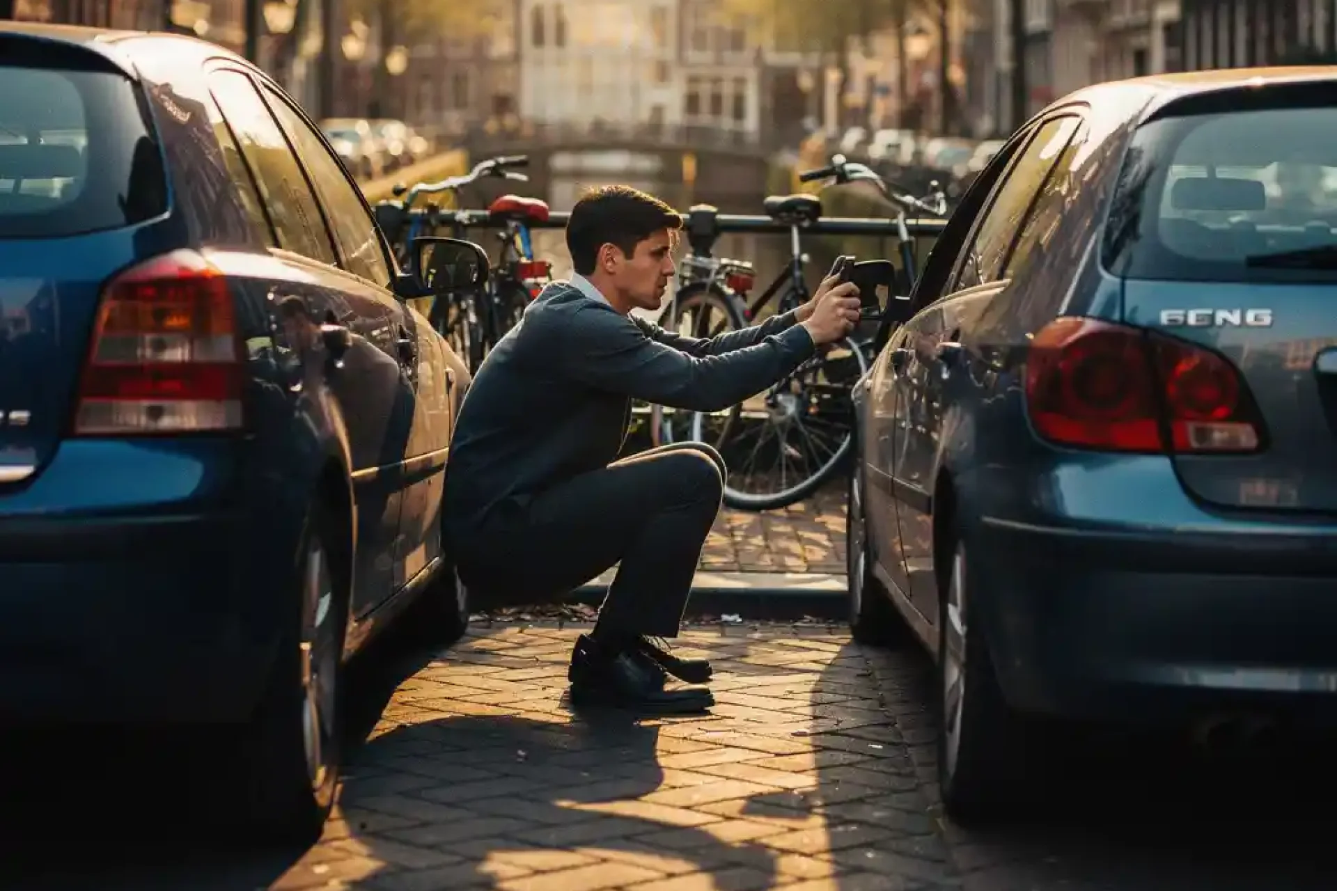 Jonge professional perst zich door smalle ruimte tussen geparkeerde auto's op Amsterdamse straat met kanalenhuizen op achtergrond