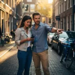 Jong stel op smalle Amsterdamse kasseienstraat, vrouw kijkt op smartphone terwijl man naar krappe parkeerplaats wijst