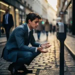 Jonge professional in pak controleert munten bij parkeermeter op Europese straat met kasseien en voorbijgangers