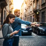 Jong stel op Europese kasseienstraat, vrouw bekijkt smartphone terwijl man naar smalle parkeerplaats wijst tussen geparkeerde auto's