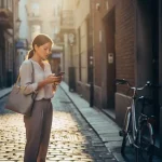 Jonge professionele vrouw bekijkt smartphone in smalle kasseiensteeg tussen historische gebouwen tijdens gouden uur