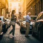 Jonge professionele vrouw loopt door smalle kasseiensteeg met laptoptas terwijl oudere man parkeert tussen SUV's in gouden uurtje