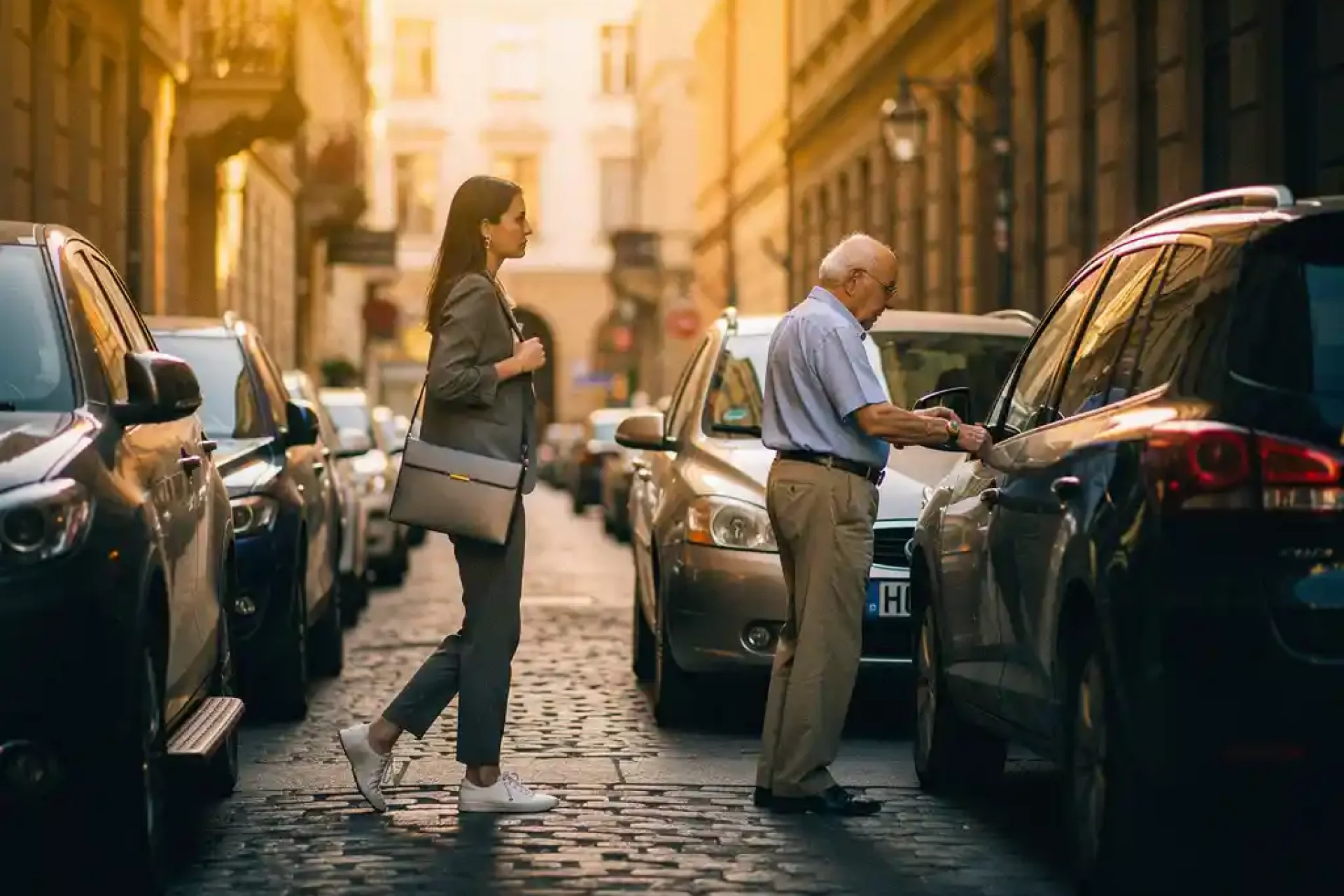 Jonge professionele vrouw loopt door smalle kasseiensteeg met laptoptas terwijl oudere man parkeert tussen SUV's in gouden uurtje