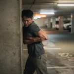 Persoon wringt zich zijwaarts door smalle opening tussen betonnen pilaren in ondergrondse parkeergarage