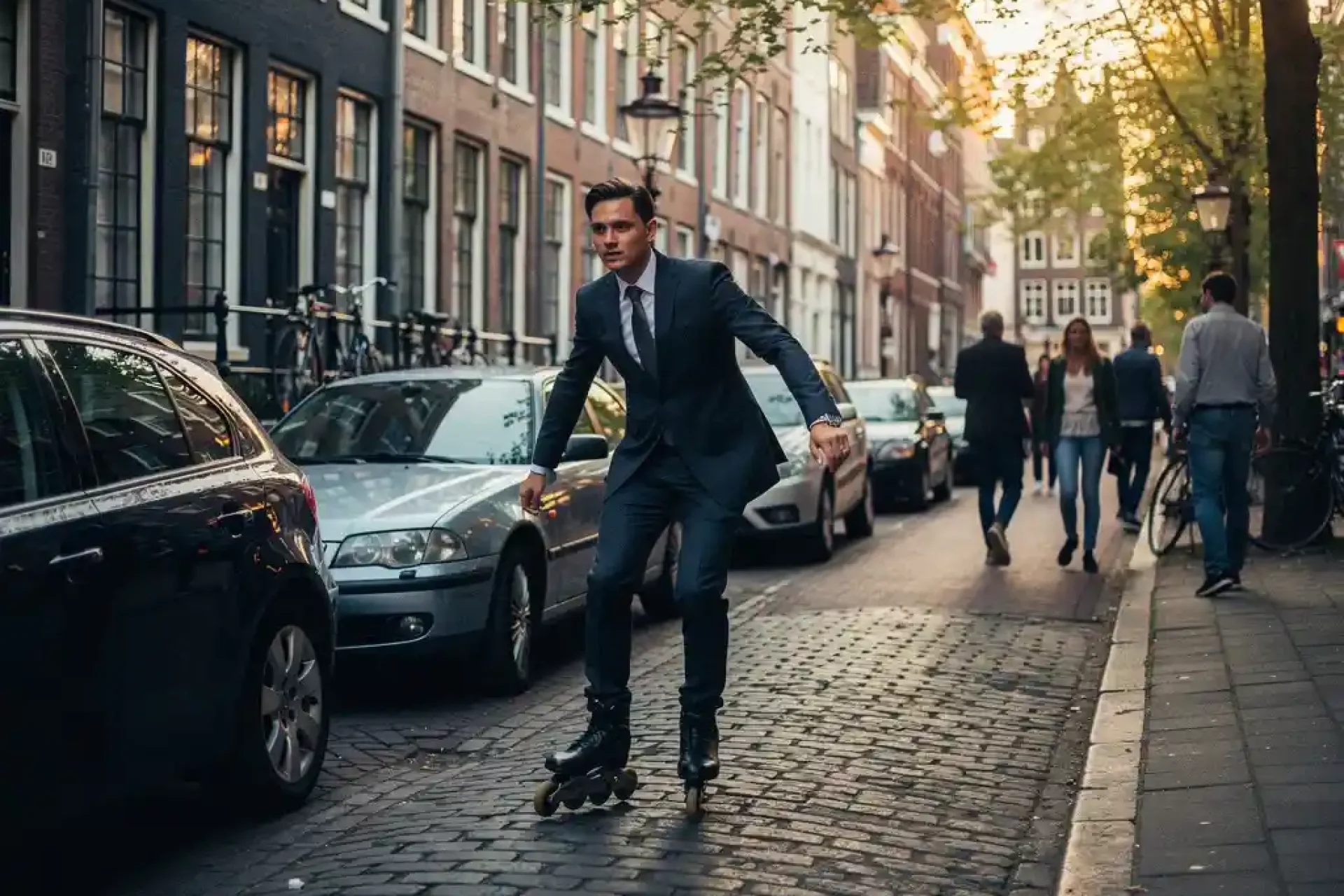 Jonge professional in pak loopt behendig tussen geparkeerde auto's op smalle Amsterdamse kasseienstraat tijdens gouden uur