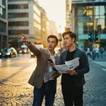 Twee jonge professionals raadplegen smartphone en documenten op druk stadsplein met geplaveide straten tijdens gouden uur