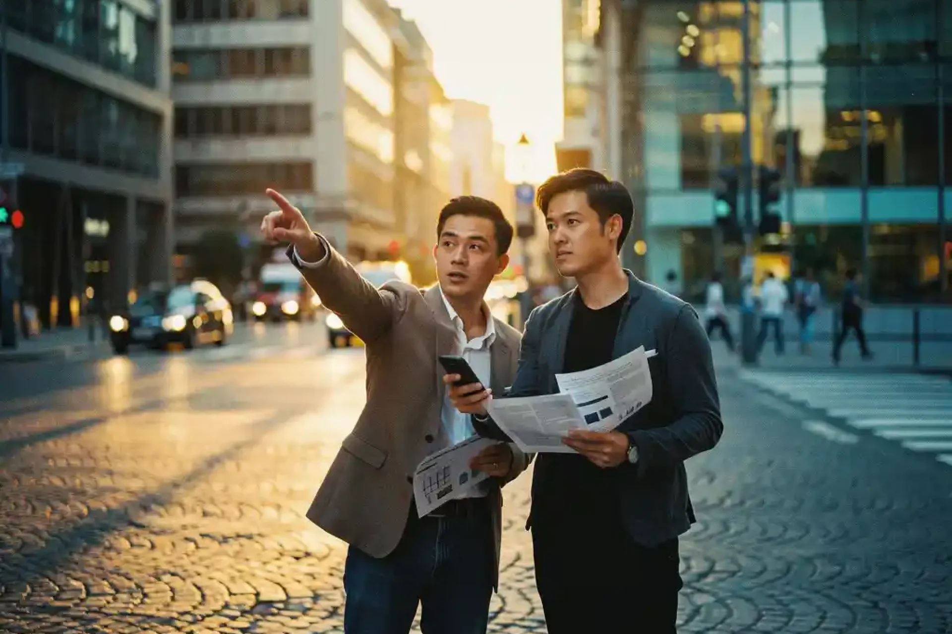Twee jonge professionals raadplegen smartphone en documenten op druk stadsplein met geplaveide straten tijdens gouden uur
