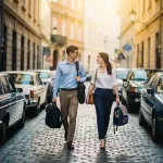 Jonge professionals lopen door smalle kasseienstraat in historisch Europees stadscentrum met werkstassen en rugzakken