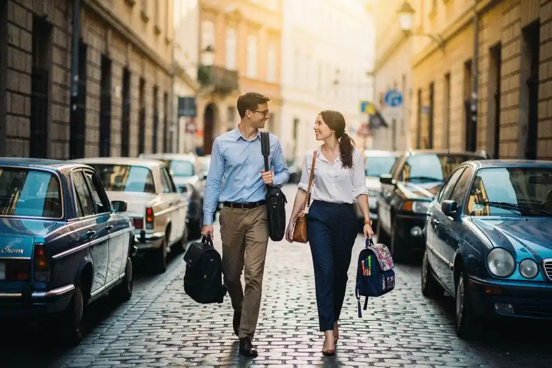 Jonge professionals lopen door smalle kasseienstraat in historisch Europees stadscentrum met werkstassen en rugzakken