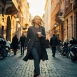 Jonge professionele vrouw loopt met laptoptas en koffiekop door smalle Europese kasseienstraat tijdens gouden uur.