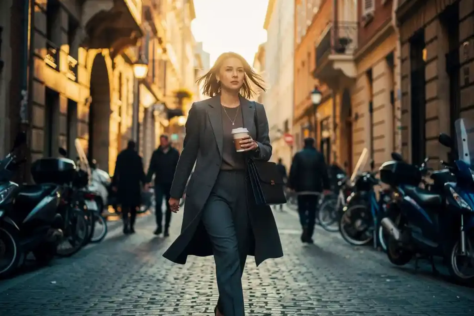 Jonge professionele vrouw loopt met laptoptas en koffiekop door smalle Europese kasseienstraat tijdens gouden uur.