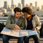 Twee mensen bestuderen samen een wegenkaart op een stadsbank met skyline op de achtergrond tijdens gouden uur
